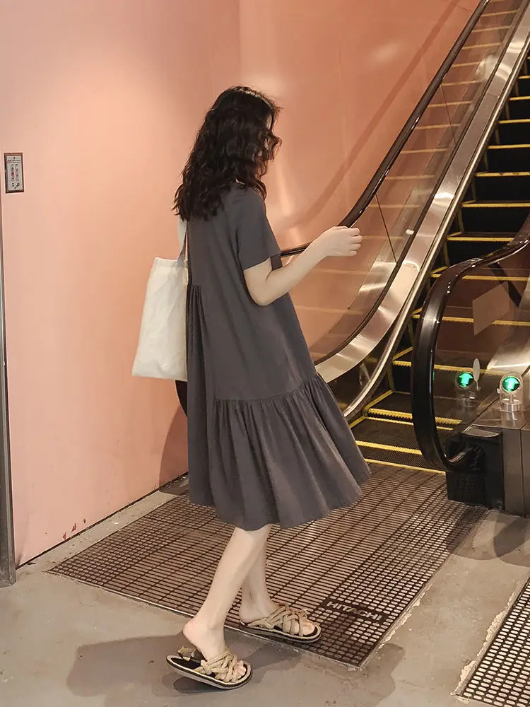 Maternity Dress Grey Asymmetrical Mid Length Summer Loose — feature 11
