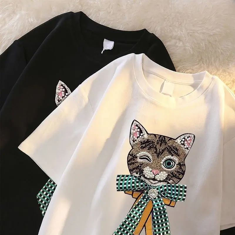 Women Cartoon Cat T-Shirt White Black Loose Fit - Image 3