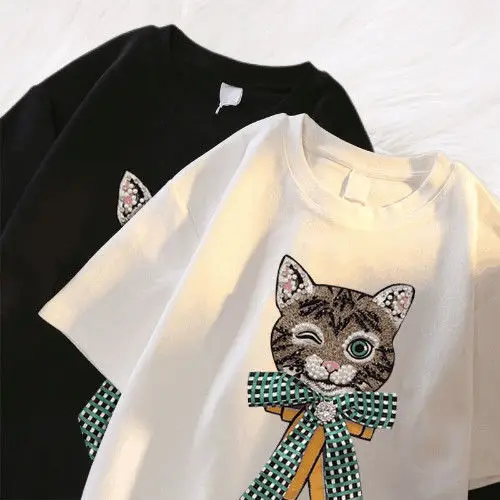 Women Cartoon Cat T-Shirt White Black Loose Fit - Image 4