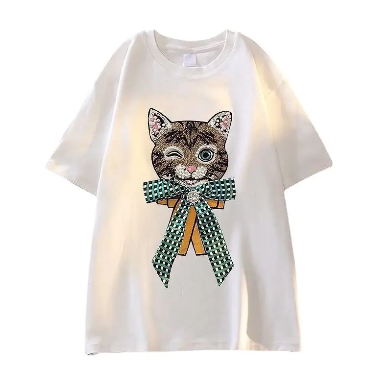 Women Cartoon Cat T-Shirt White Black Loose Fit - Image 7