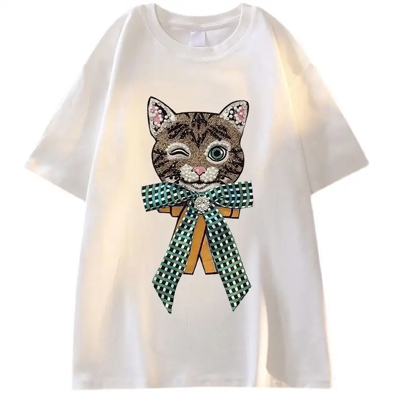 Women Cartoon Cat T-Shirt White Black Loose Fit — feature 10