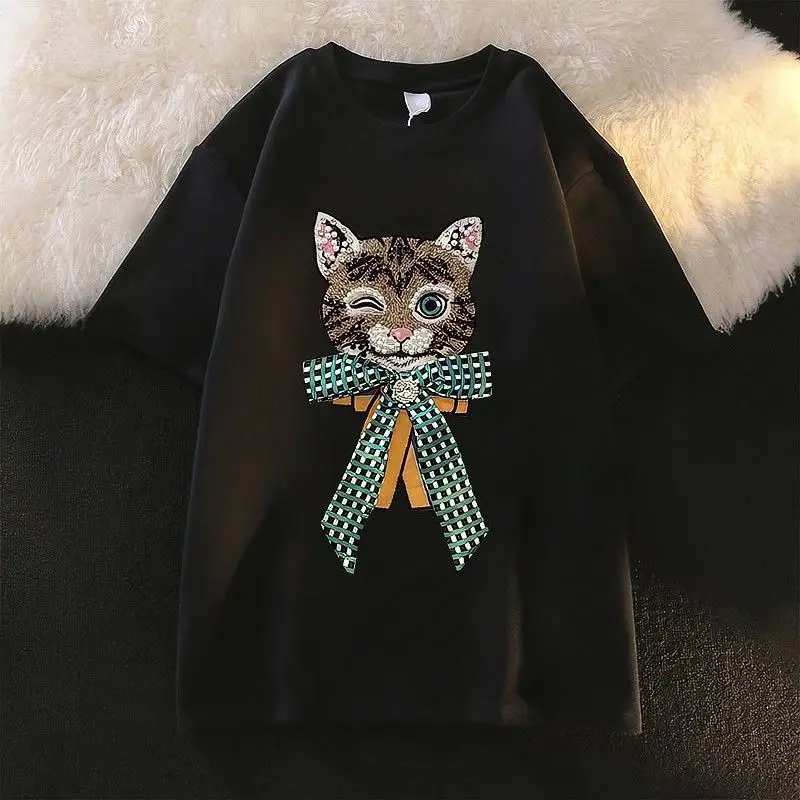 Women Cartoon Cat T-Shirt White Black Loose Fit — feature 7