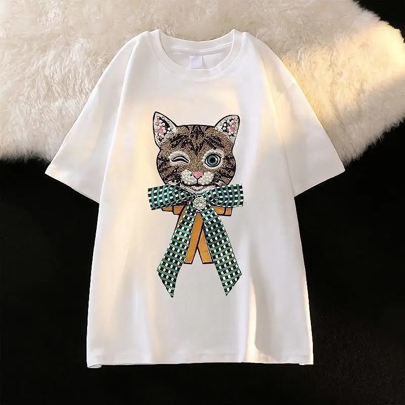 Women Cartoon Cat T-Shirt White Black Loose Fit — feature 8