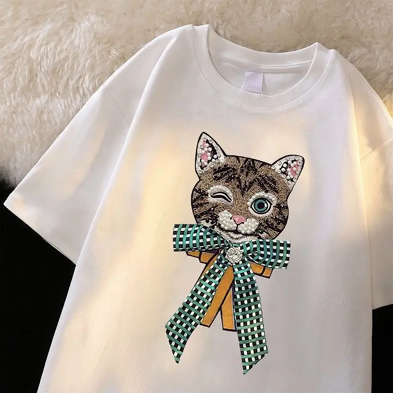 Women Cartoon Cat T-Shirt White Black Loose Fit - Image 2