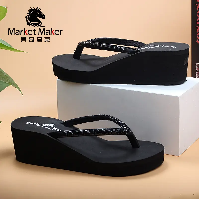 2021 Black Rhinestone Wedge Sandals for Women