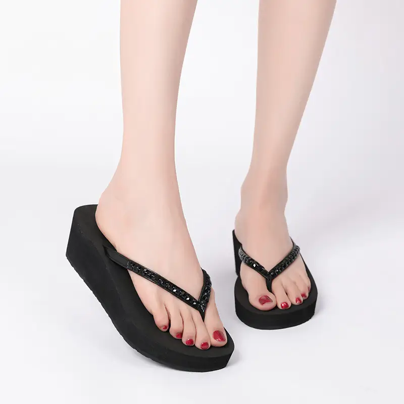 2021 Black Rhinestone Wedge Sandals for Women