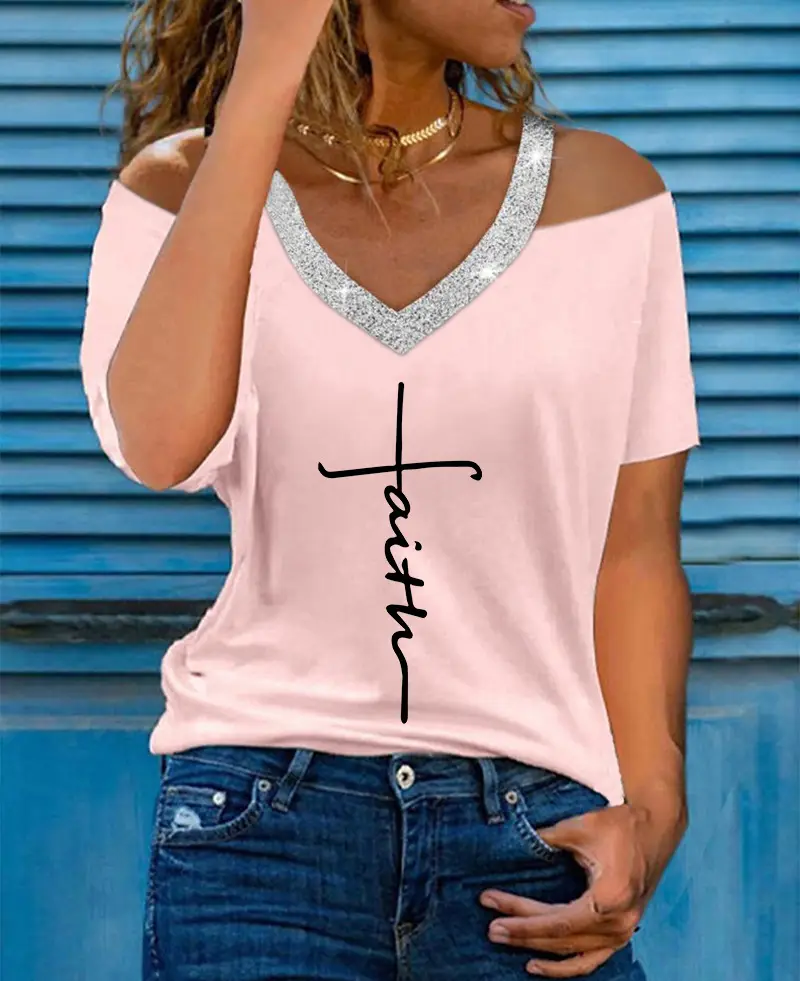 Women's Black V-Neck Off-Shoulder T-Shirt with Cross Letter Print - Image 6