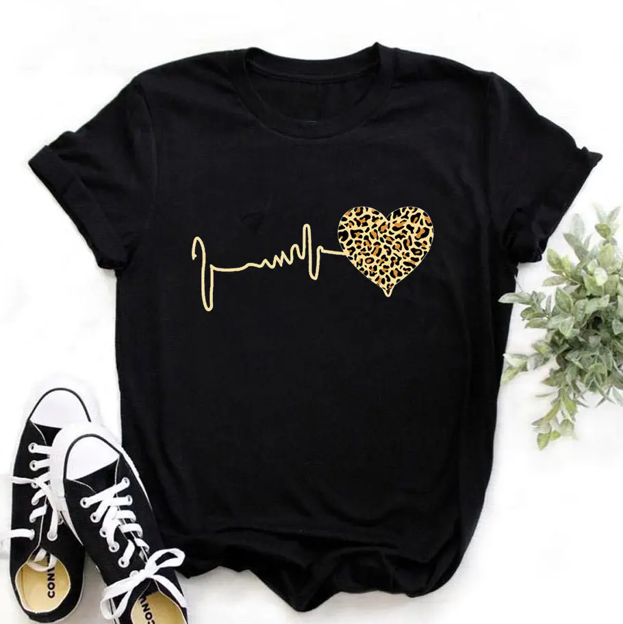 Women Leopard Heartbeat Printed T-Shirt White Short Sleeve