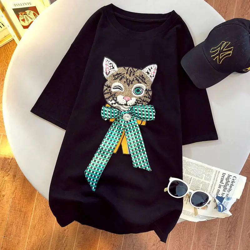 Women's Black Cat Embroidered T-Shirt Large Short Sleeve - Image 4
