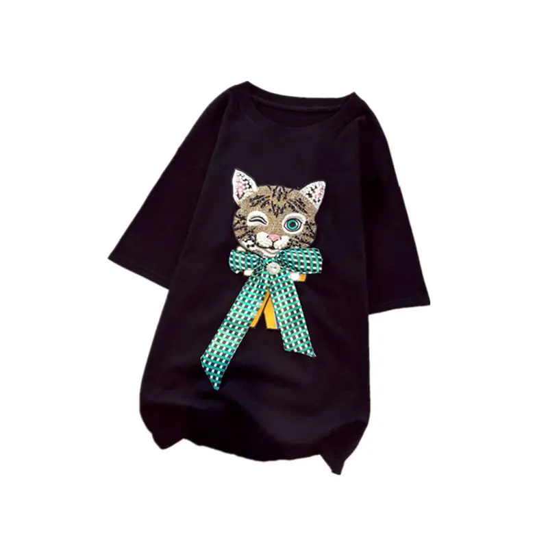 Women's Black Cat Embroidered T-Shirt Large Short Sleeve - Image 7