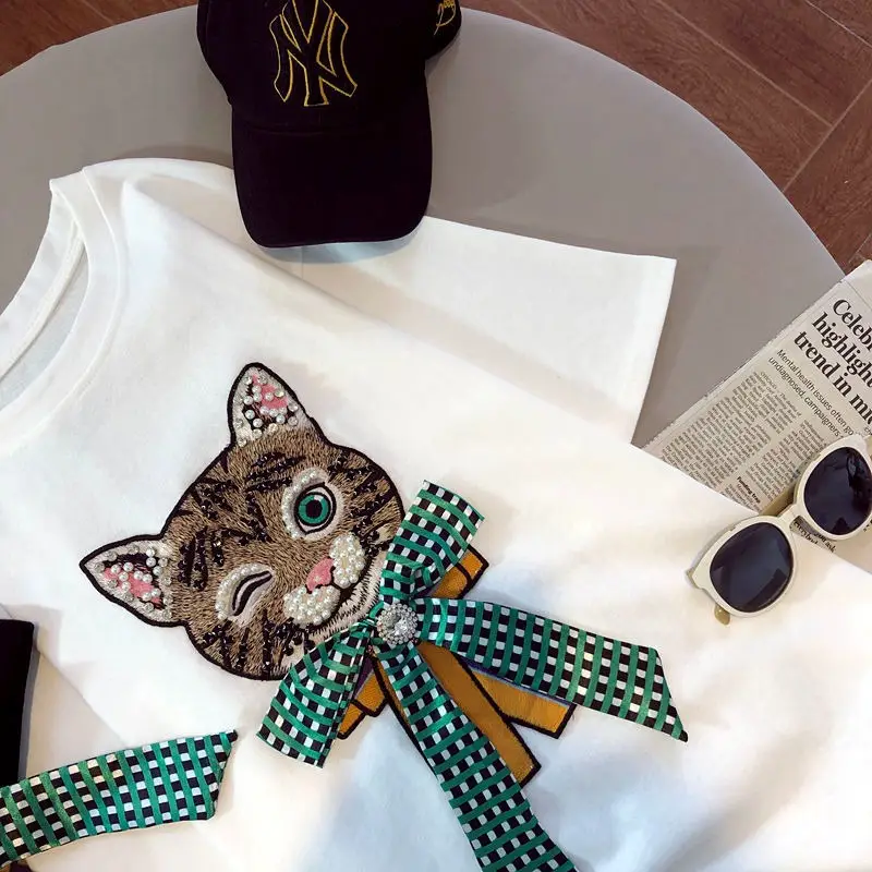 Women's Black Cat Embroidered T-Shirt Large Short Sleeve — feature 7