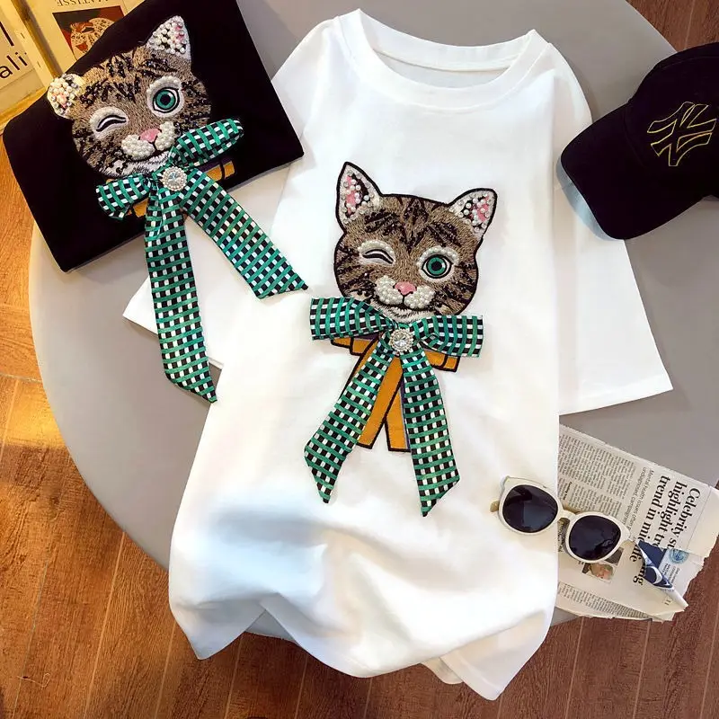 Women's Black Cat Embroidered T-Shirt Large Short Sleeve - Image 2
