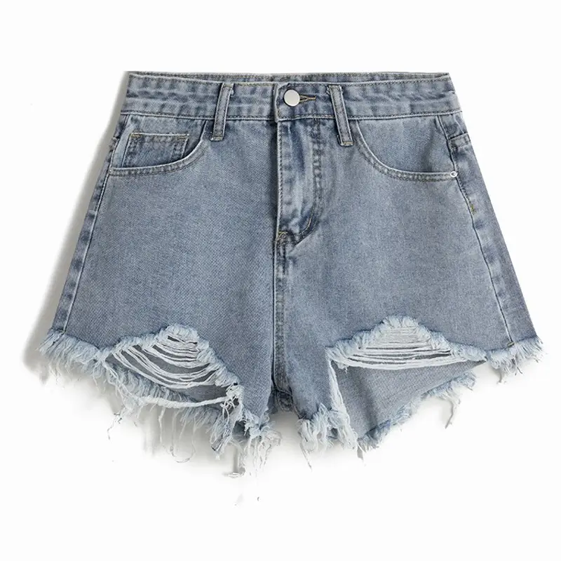 Women Blue Ripped Denim Shorts Slimming High Waist - Image 3
