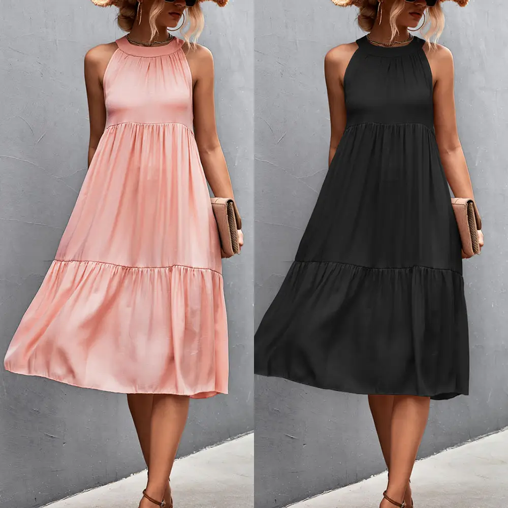 Pink Halter Stitching Dress for Women Spring Summer Wear