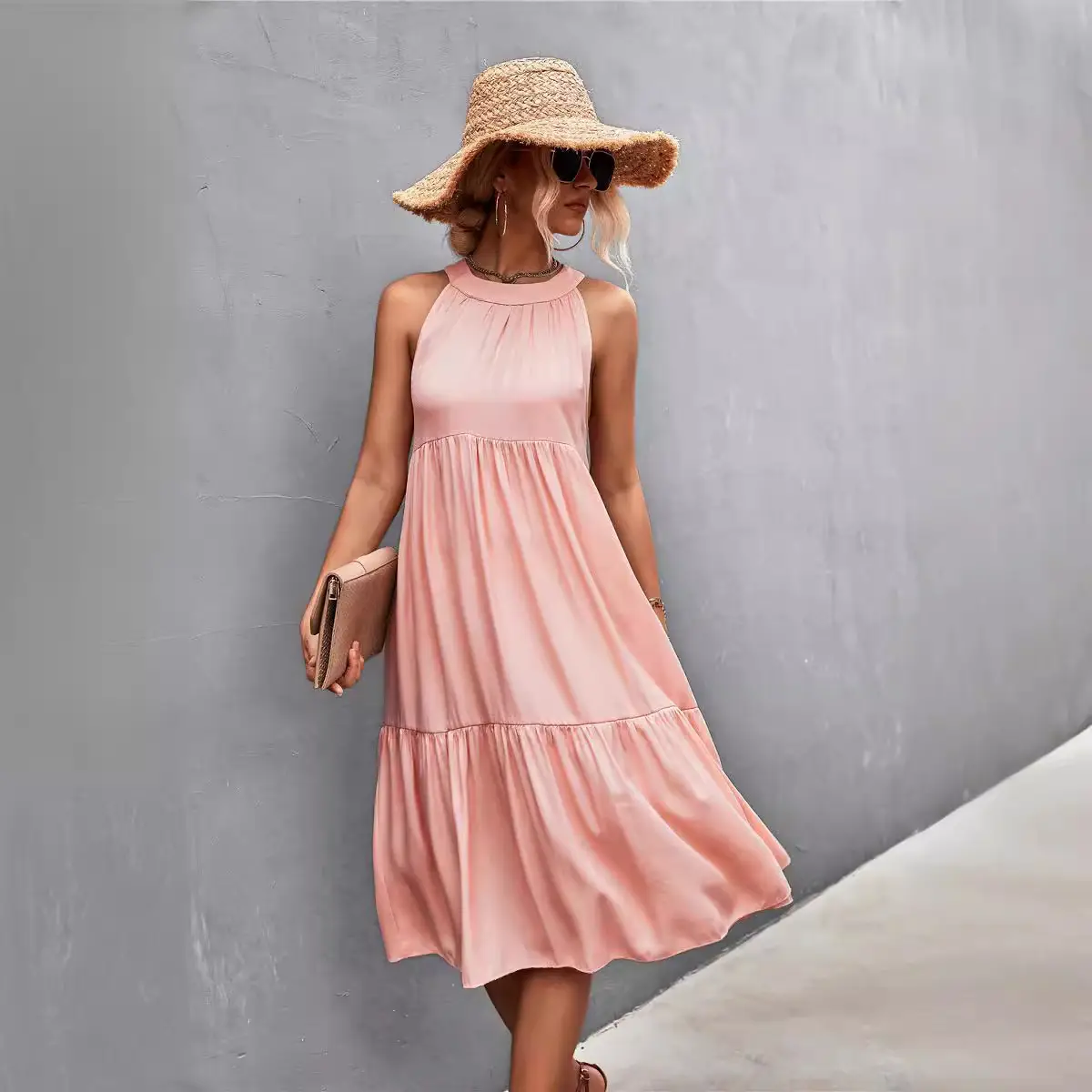 Pink Halter Stitching Dress for Women Spring Summer Wear