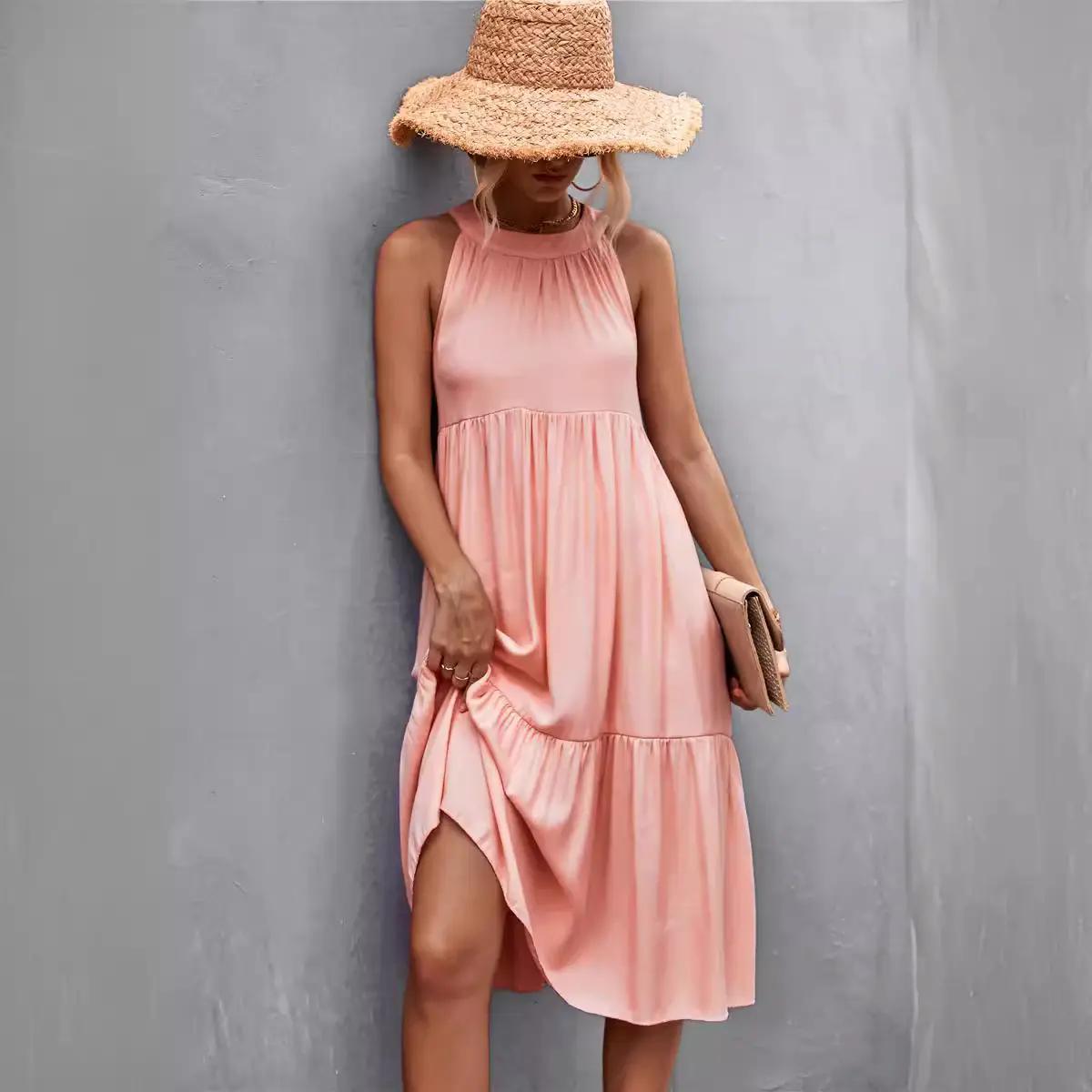 Pink Halter Stitching Dress for Women Spring Summer Wear