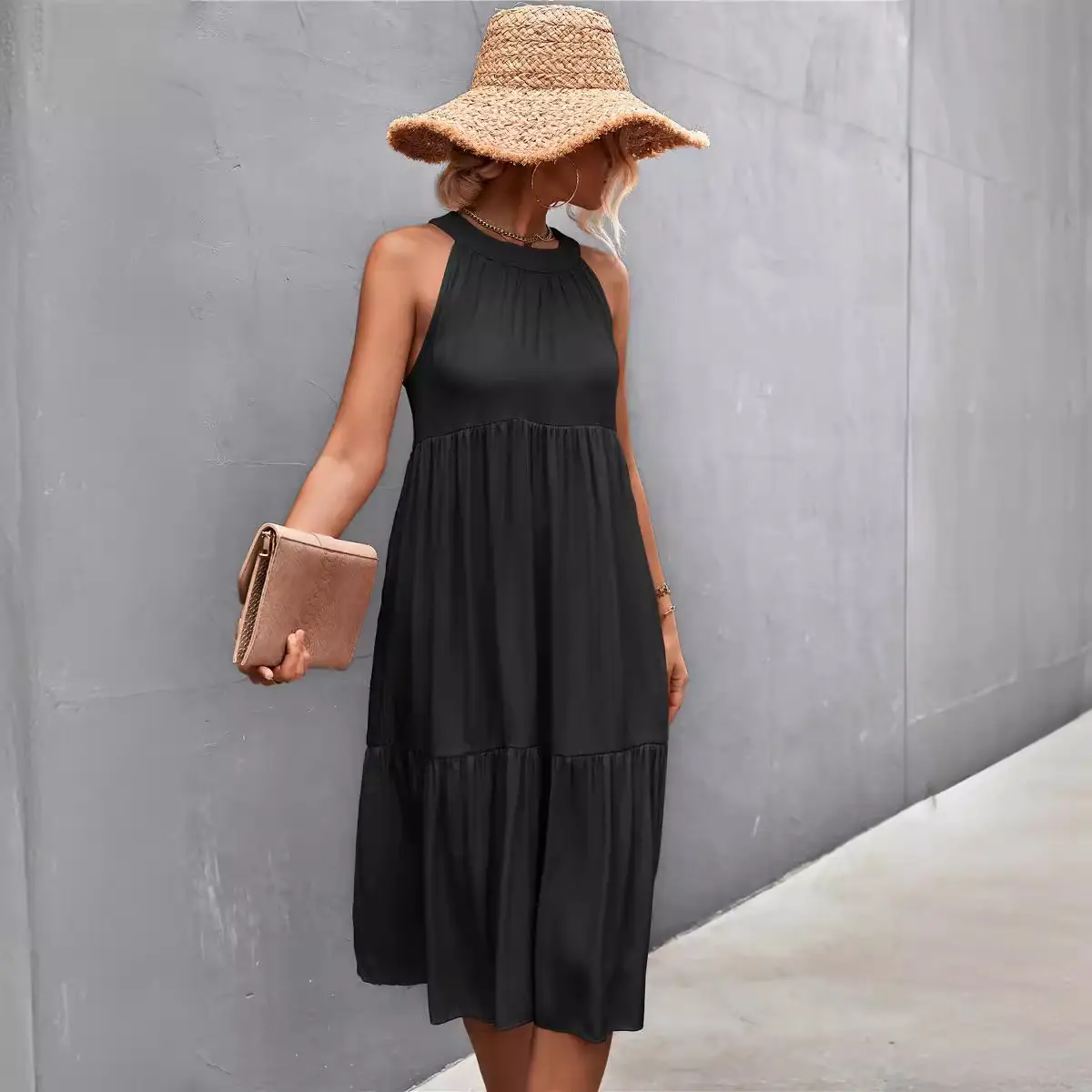 Pink Halter Stitching Dress for Women Spring Summer Wear