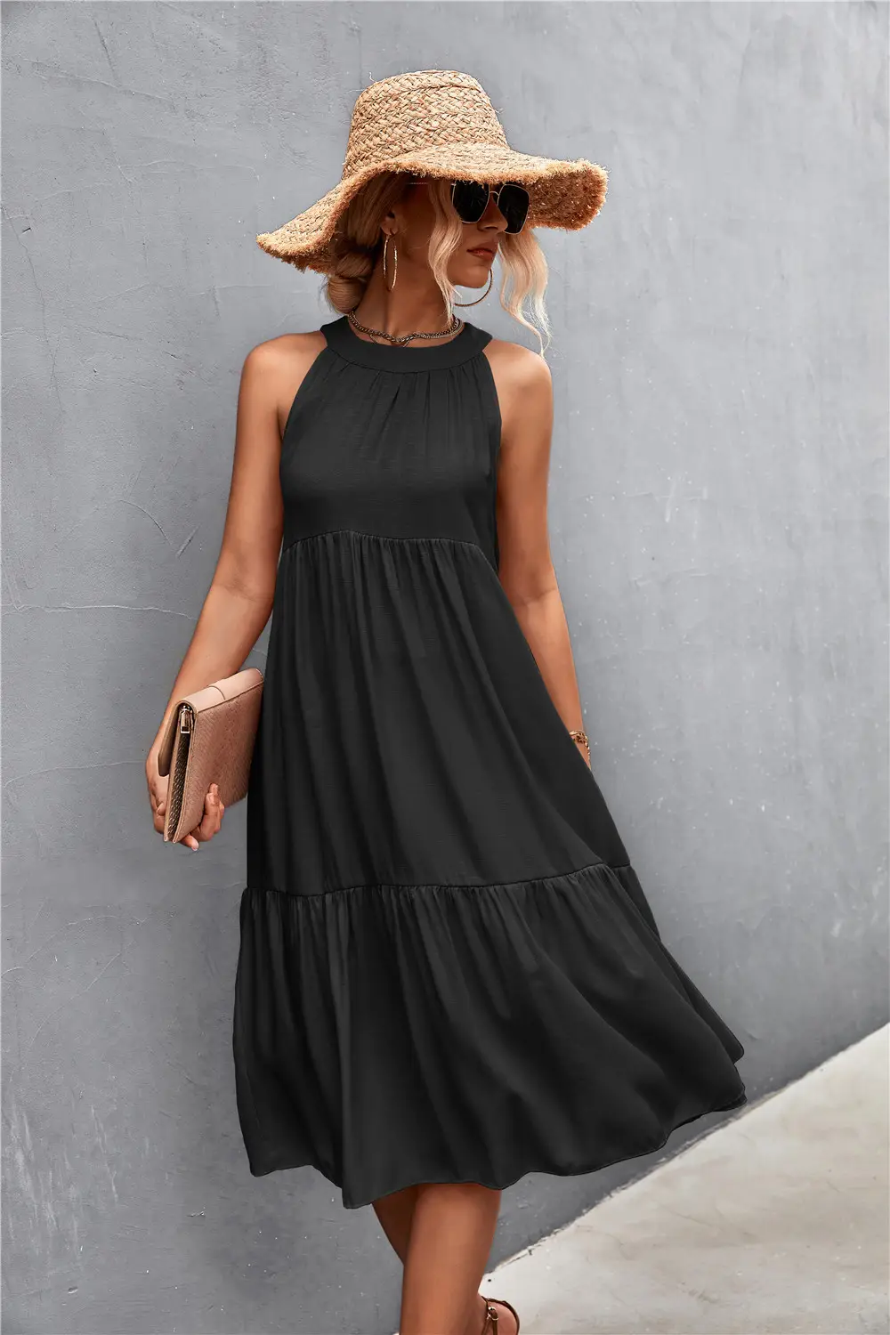 Pink Halter Stitching Dress for Women Spring Summer Wear