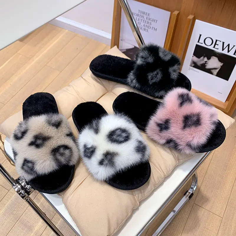 Foreign Trade New Cross-border Fashion Warm Maomao Slippers Women's 2023 Autumn and Winter Home Printed Open Cotton Slippers