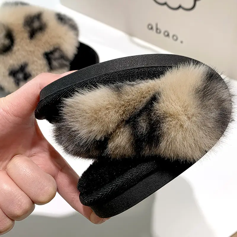 Foreign Trade New Cross-border Fashion Warm Maomao Slippers Women's 2023 Autumn and Winter Home Printed Open Cotton Slippers