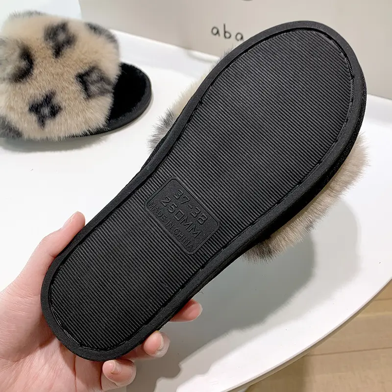 Foreign Trade New Cross-border Fashion Warm Maomao Slippers Women's 2023 Autumn and Winter Home Printed Open Cotton Slippers