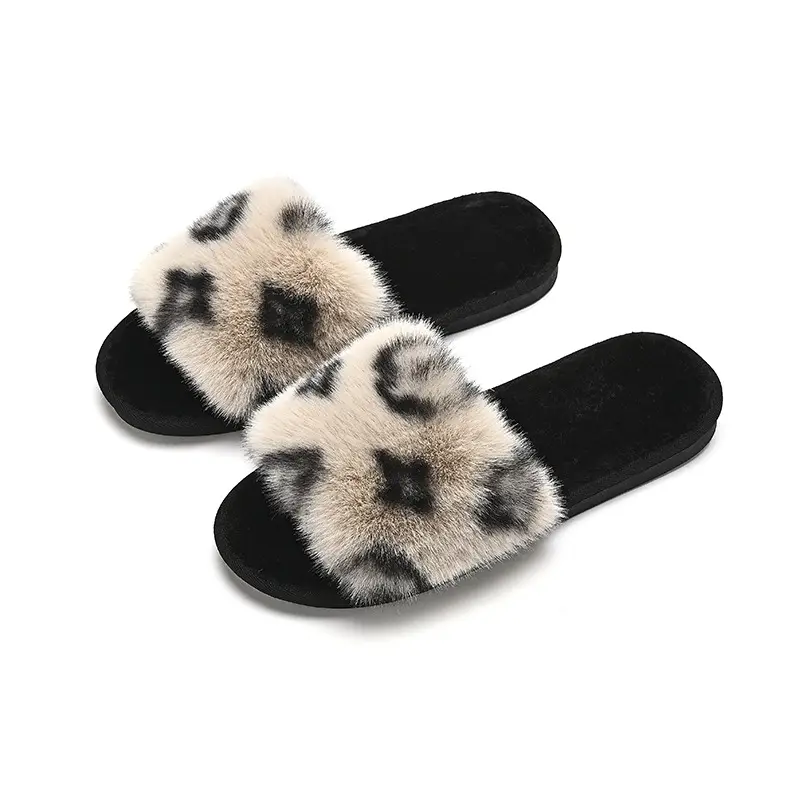 Foreign Trade New Cross-border Fashion Warm Maomao Slippers Women's 2023 Autumn and Winter Home Printed Open Cotton Slippers
