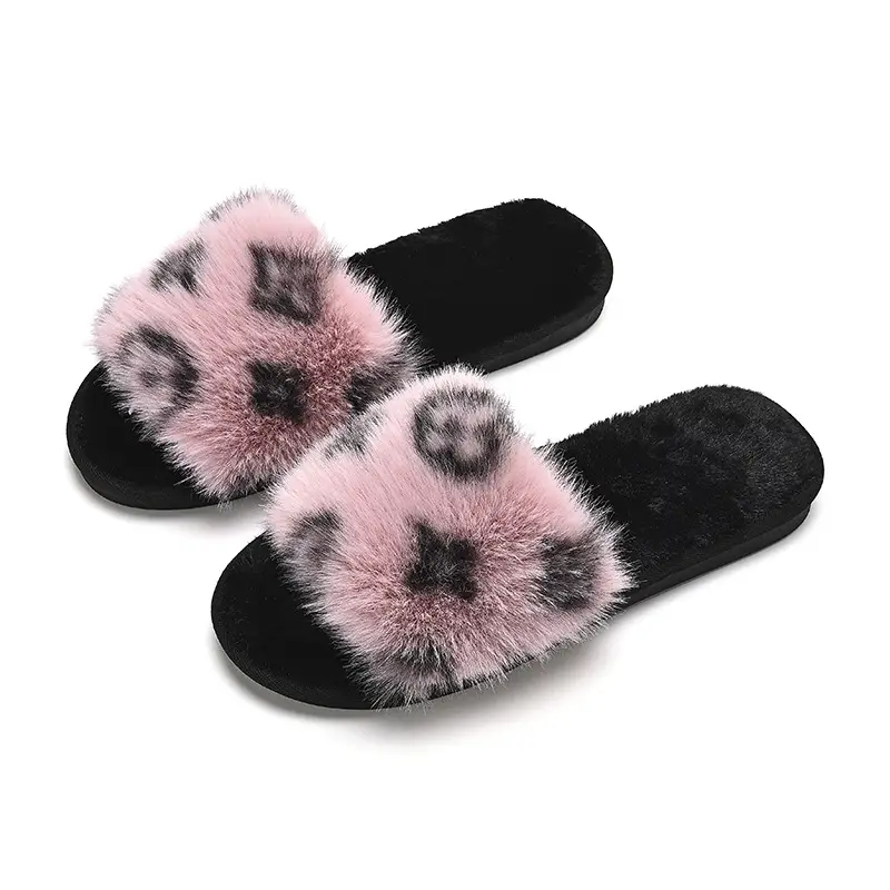 Foreign Trade New Cross-border Fashion Warm Maomao Slippers Women's 2023 Autumn and Winter Home Printed Open Cotton Slippers