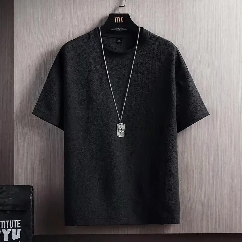 Men Ice Silk T-Shirt Loose Fit Black Grey Stripes - Image 12