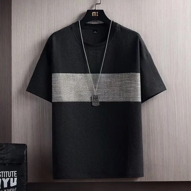 Men Ice Silk T-Shirt Loose Fit Black Grey Stripes - Image 7