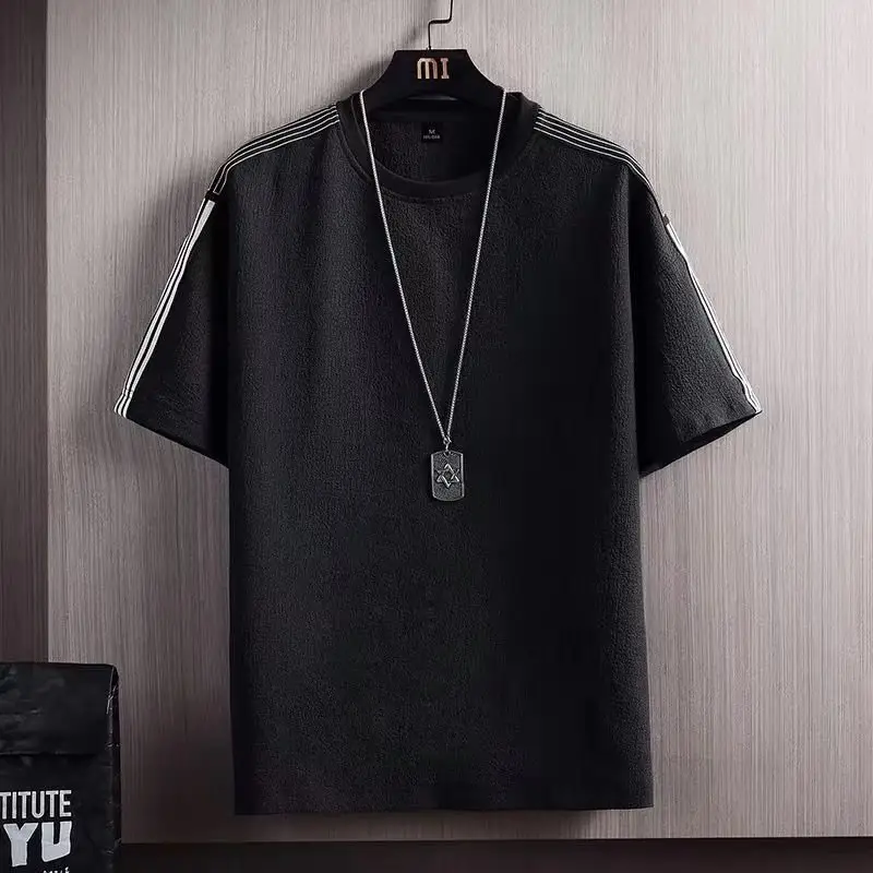 Men Ice Silk T-Shirt Loose Fit Black Grey Stripes - Image 9
