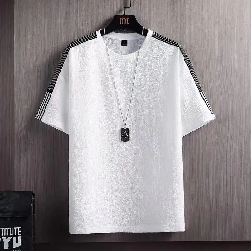 Men Ice Silk T-Shirt Loose Fit Black Grey Stripes - Image 10