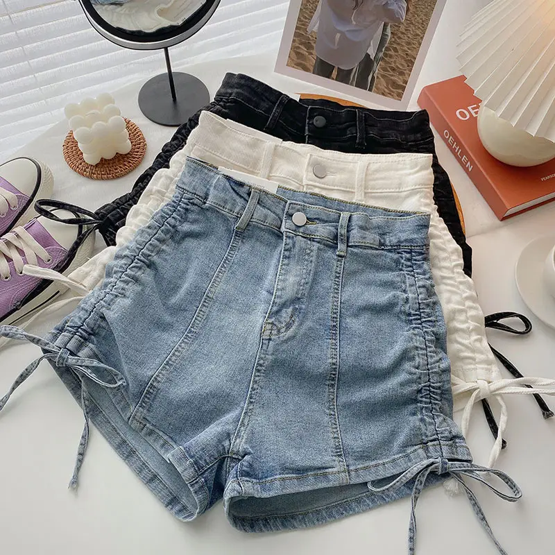 Black Drawstring High Waist Denim Shorts for Women - Image 5