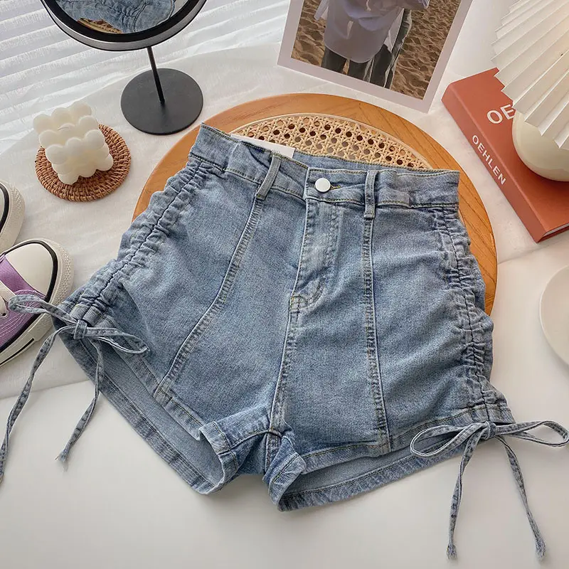 Black Drawstring High Waist Denim Shorts for Women - Image 2