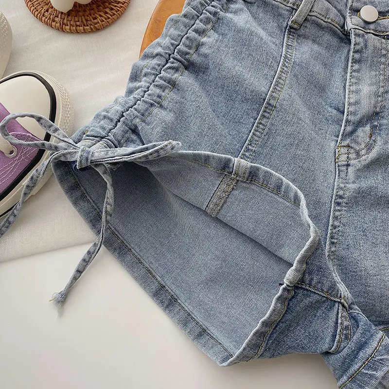 Black Drawstring High Waist Denim Shorts for Women - Image 6