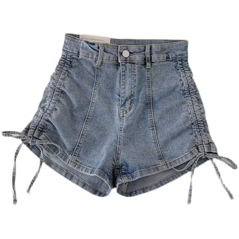 Black Drawstring High Waist Denim Shorts for Women - Image 7