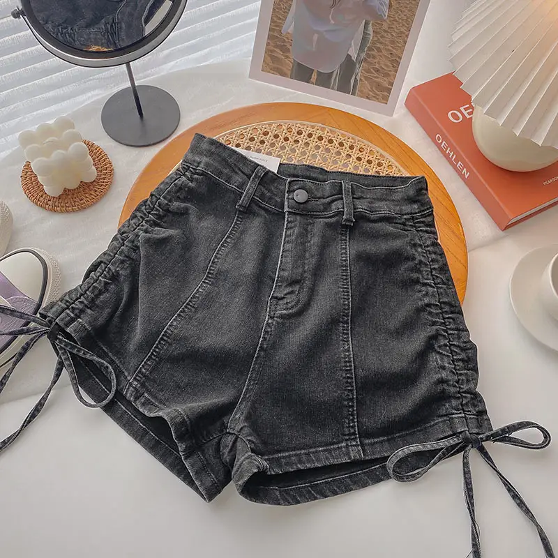 Black Drawstring High Waist Denim Shorts for Women - Image 3