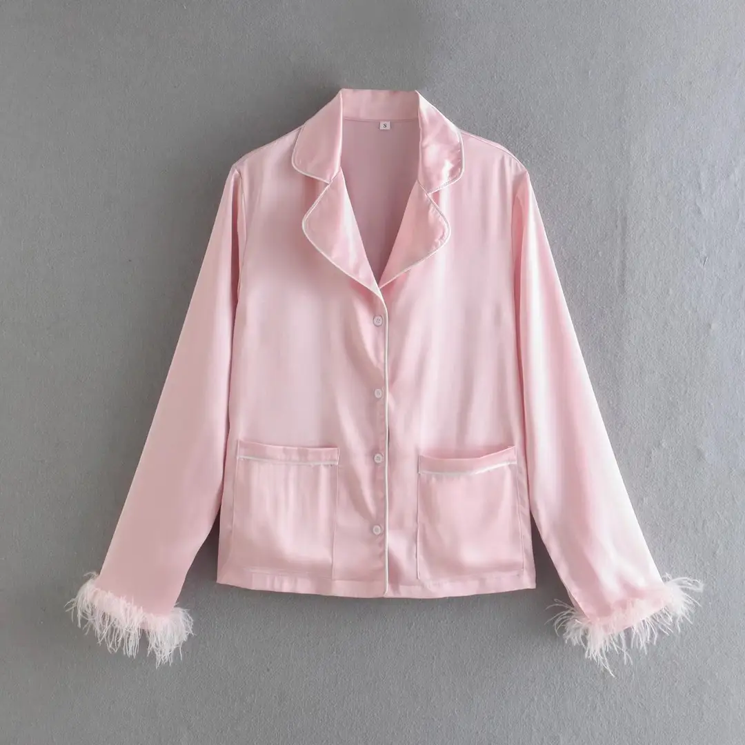 Feather Decorated Satin Shirt Women + Pink Trousers 2022 Spring New Retro Western Style Fashion Suit