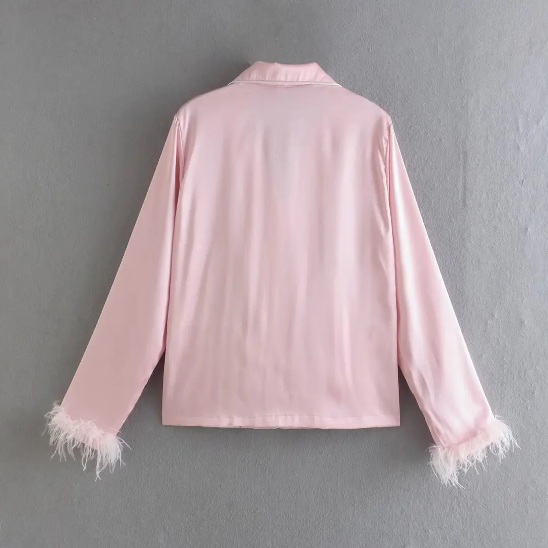 Feather Decorated Satin Shirt Women + Pink Trousers 2022 Spring New Retro Western Style Fashion Suit