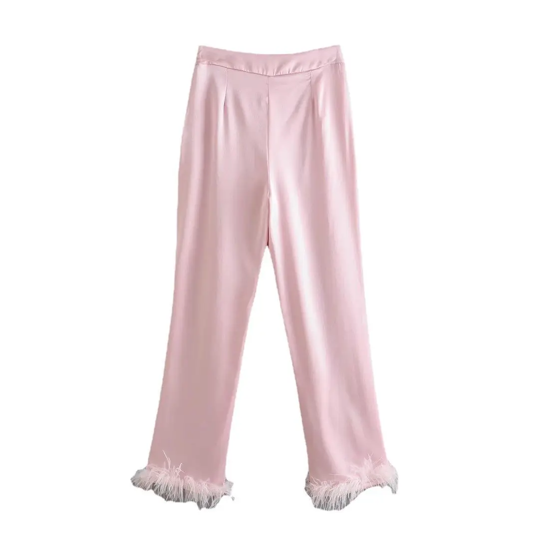 Feather Decorated Satin Shirt Women + Pink Trousers 2022 Spring New Retro Western Style Fashion Suit