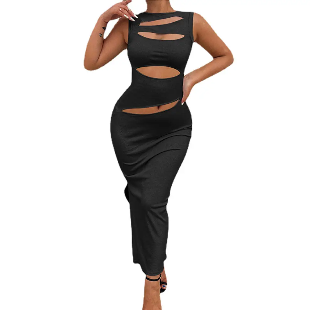 Black Hollow Backless Knitted Dress for Women - Image 8