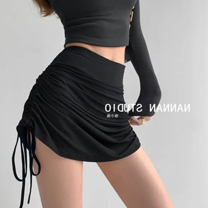 European Hot Girl Style Strap Drawstring Pleated Skirt