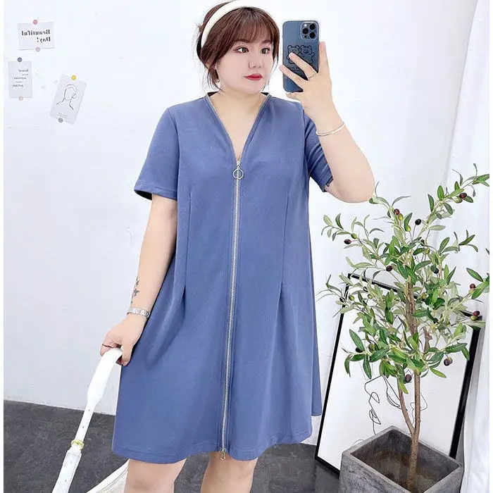 150kg Plus Size V-Neck Zipper Dress Blue - Image 3