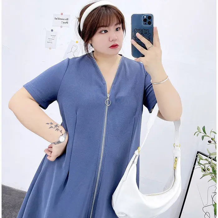 150kg Plus Size V-Neck Zipper Dress Blue - Image 4