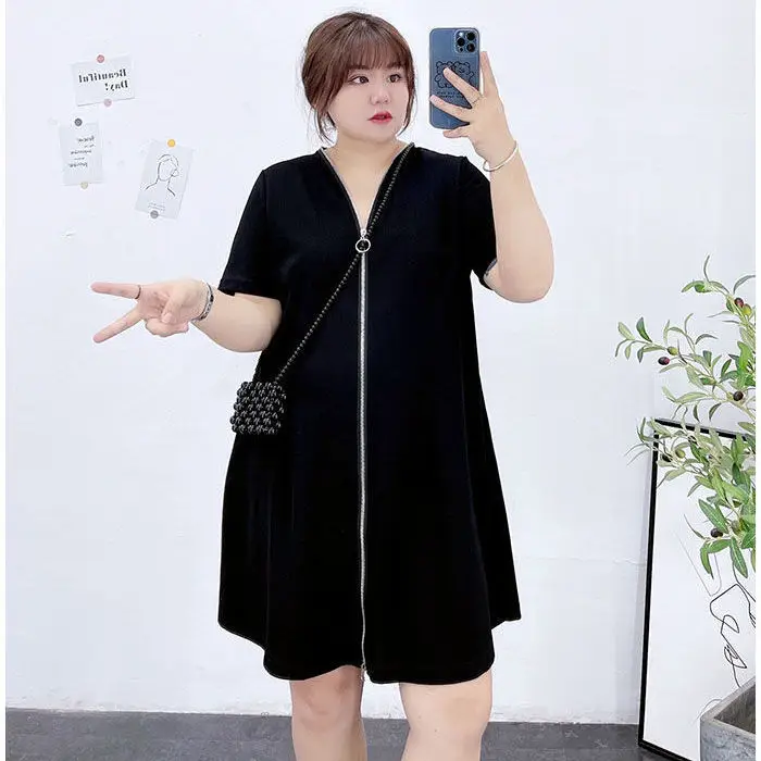 150kg Plus Size V-Neck Zipper Dress Blue - Image 5