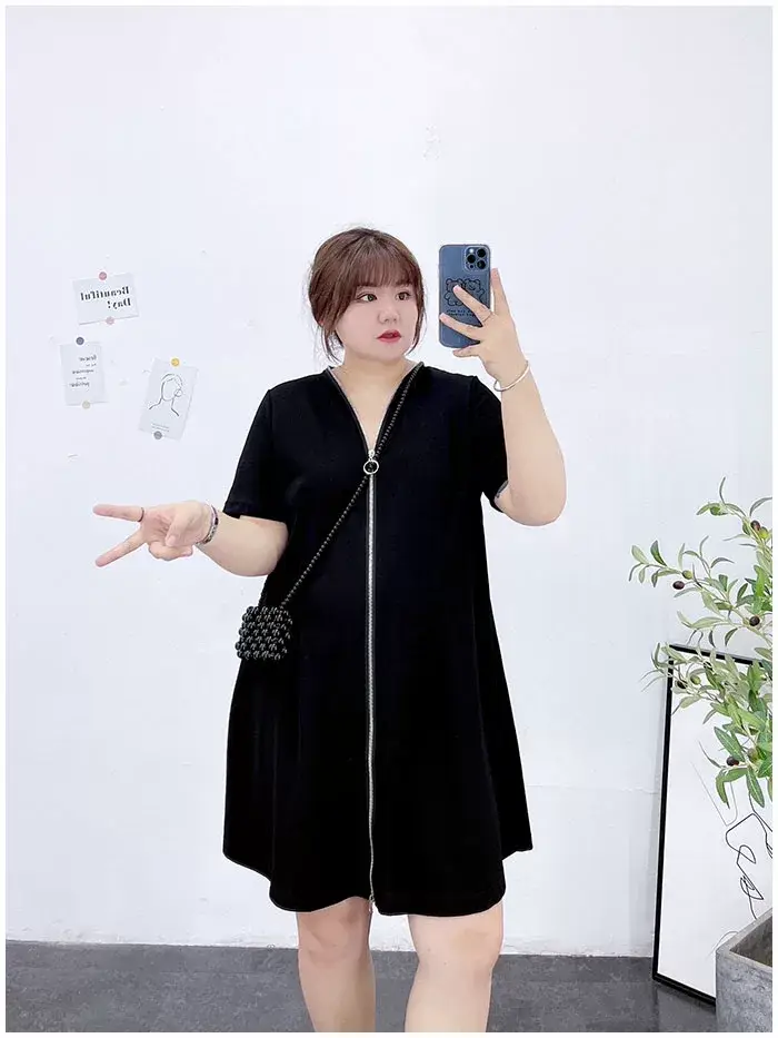 150kg Plus Size V-Neck Zipper Dress Blue — feature 10