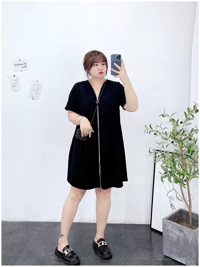150kg Plus Size V-Neck Zipper Dress Blue — feature 11