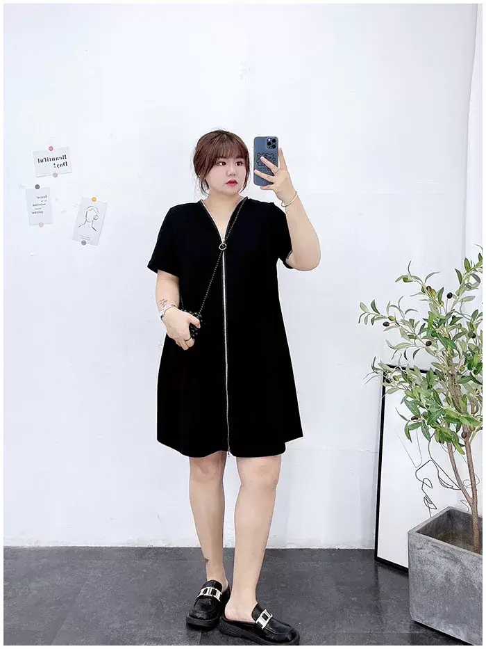 150kg Plus Size V-Neck Zipper Dress Blue — feature 12