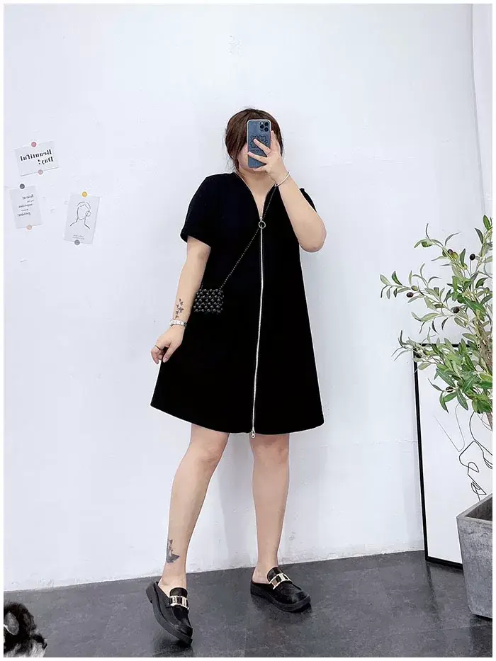 150kg Plus Size V-Neck Zipper Dress Blue — feature 13