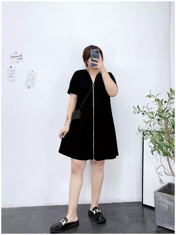 150kg Plus Size V-Neck Zipper Dress Blue — feature 14