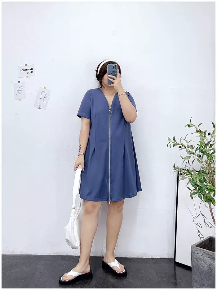 150kg Plus Size V-Neck Zipper Dress Blue — feature 15